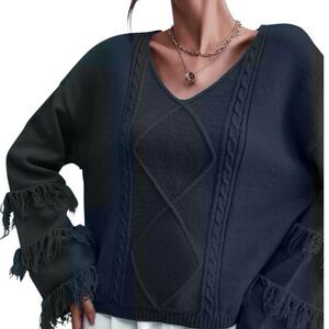 UMGEE Blue Sweater Fringe Bell Sleeves V Neck Boxy Cable Knit